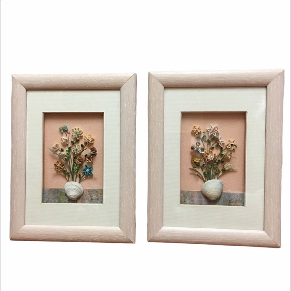 Quill Art Set Artist Signed Floral Shell Motif in Shadow Box - Picture 3 of 16